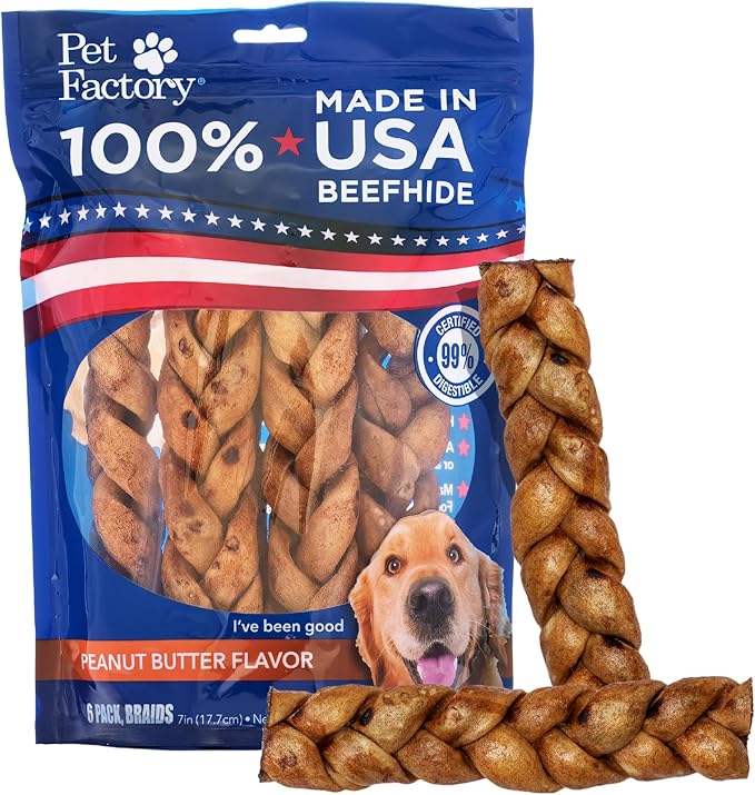 Pet Factory 7in Braided Beefhide Dog Chew Sticks with Peanut Butter Flavor - 100% USA Made Rawhide Chews for Medium Dogs, Long Lasting Dental Health, 7 inches (Pack of 6)
