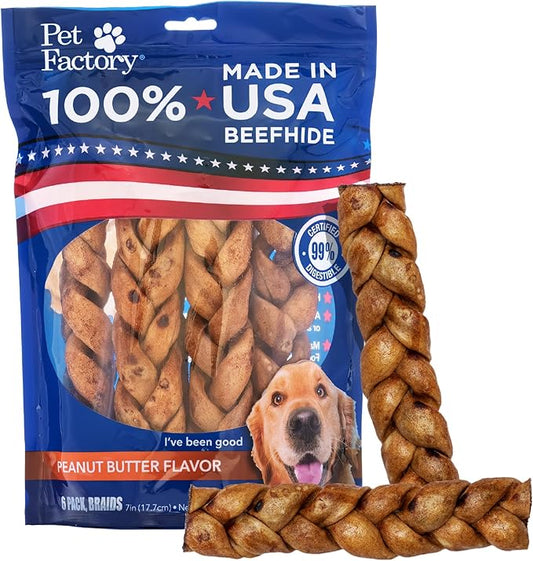 Pet Factory 7in Braided Beefhide Dog Chew Sticks with Peanut Butter Flavor - 100% USA Made Rawhide Chews for Medium Dogs, Long Lasting Dental Health, 7 inches (Pack of 6)