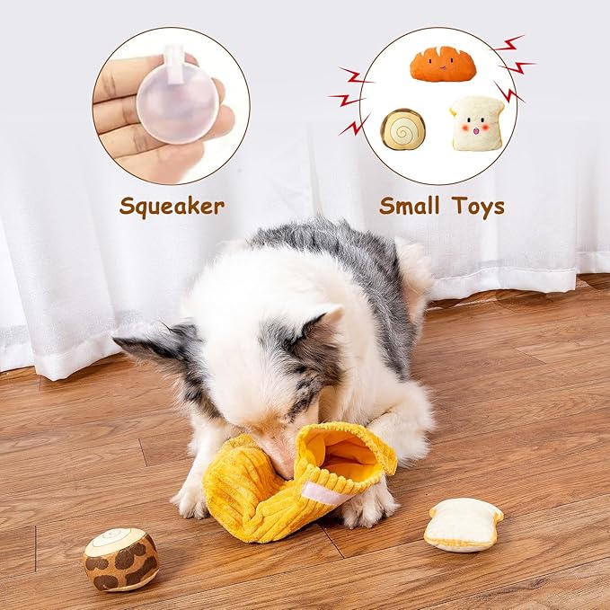 Hollypet Squeaky Dog Toy, Interactive Plush Hide and Seek Dog Toys for Small Medium Sized Dogs and Non-Aggressive Chewers, Puppy Teeth Clean Chew Toys, Bread