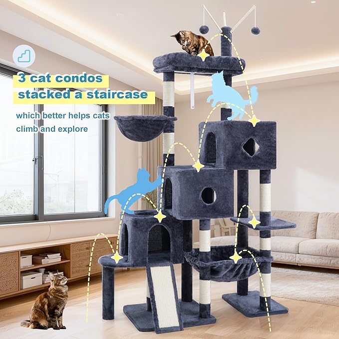 Hey-brother Cat Tree Tower, Scratching Posts with 3 Condos, Large Basket, Cozy Bed, Sisal Board, Step-by-Step Climbing Pathway and Toys, 74.8 inches Furniture for Big Indoor Cats, Smoky Gray MPJ081G