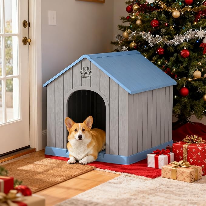 Dog House Outdoor Indoor for Medium Large Dogs, Durable Plastic Waterproof Doghouse with Air Vents and Elevated Floor, Easy Clean and Assemble (Blue, 26.18''L × 24.02''W × 25.98''H)