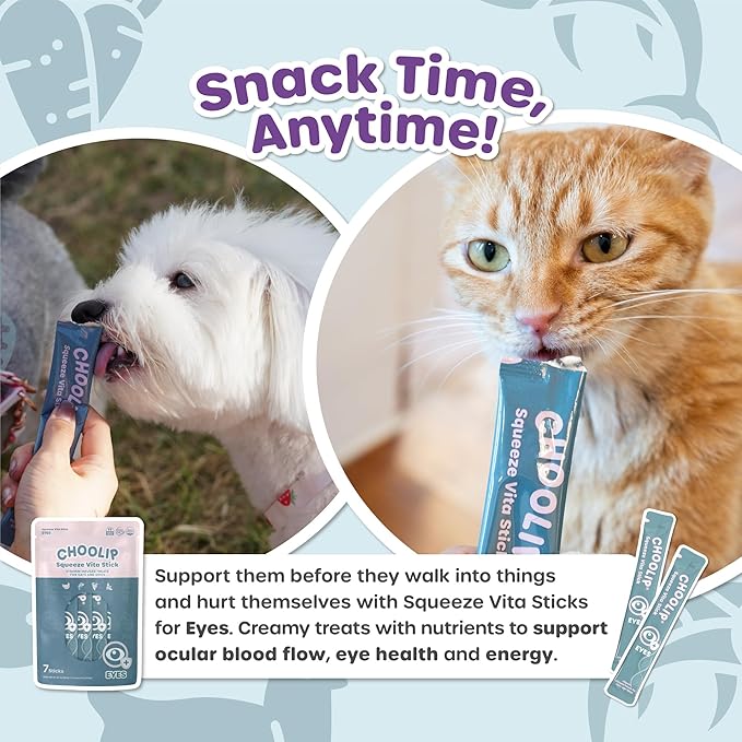 Choolip Squeeze Vita Stick Lickable Cat & Dog Treats – 14 Sticks (2×7 Value Bundle) Eye Support, Creamy Grain-Free Puree with Lutein, Astaxanthin, Omega 3 & Vitamin E for Vision & Ocular Health