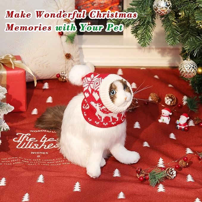 Pawaboo Christmas Pet Hat for Dogs, Funny Knitted Xmas Cap with Pom-Pom, Crocheted Snood Winter Warm Ear Flap Hat, Neck Warmer Hood Scarf for Medium Dogs, Party Decoration Gift, XS, Xmas Elk Red