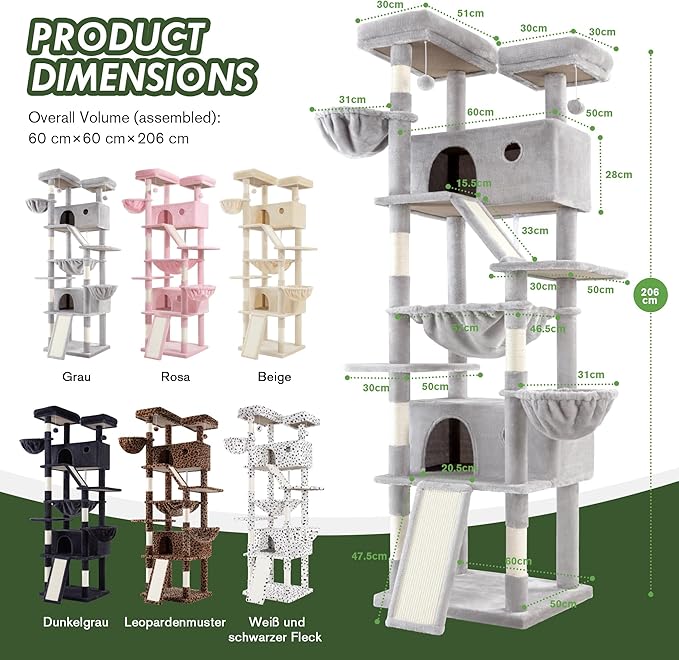 MUTICOR 81 inches Multi-Level Tall Cat Tree Tower for Indoor Kitties/Large Climbing Tree House for Big Feline/Condo/Sisal Scratching Posts/Plush Perches Platforms/Basket Hammock/Grey