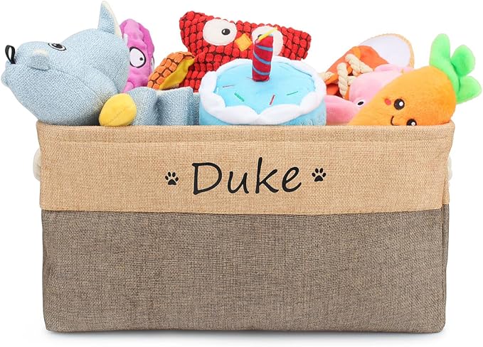Personalized Dog Toy Box, Dog Toy Basket Storage with Cotton Handle, Customized Name and Paw Heart Print Puppy Toy Bin for Organizing Food Clothes and Pets Accessories(Paw Coffee)