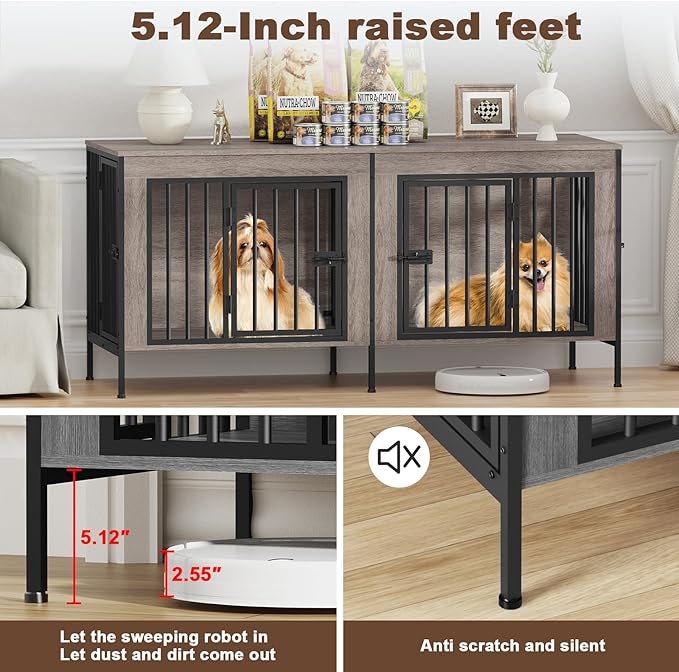 EasyCom Dog Crate Furniture for 1 or 2 Dogs, Heavy Duty Single/Double Dog Crates for Small/Medium/Large Dogs, Dog Kennel Furniture Indoor as TV Stand, Small Size 55.12" L(0-20 Pounds), Oak Grey