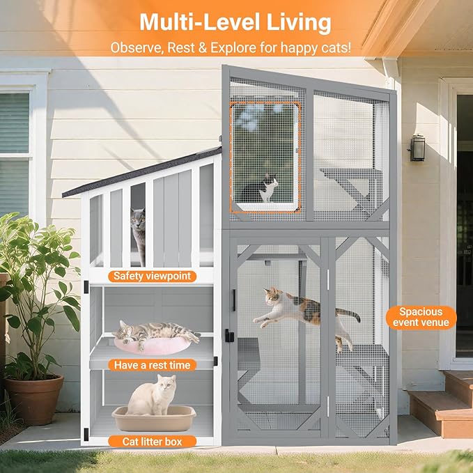 3 Tiers Catio 69" H Large Cat Enclosures House for Outdoor Indoor Feral Cats Shelter with Window Access, Adjustable Two-Way Access Hole, Weatherproof Roof, 3 Resting Rooms, 3 Platforms