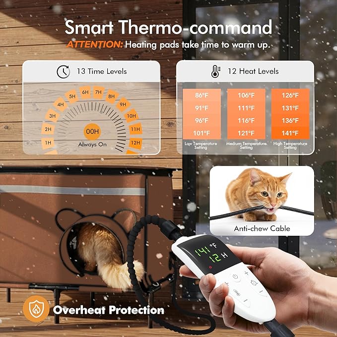 Heated Outdoor cat House for Outside, Weatherproof Insulated Feral Cat Shelter with Timer-Temp Control Heating Pad in Winter, Large Elevated Outdoor Cat House with Zipper, 2 Doors, Safety- Deep Brown