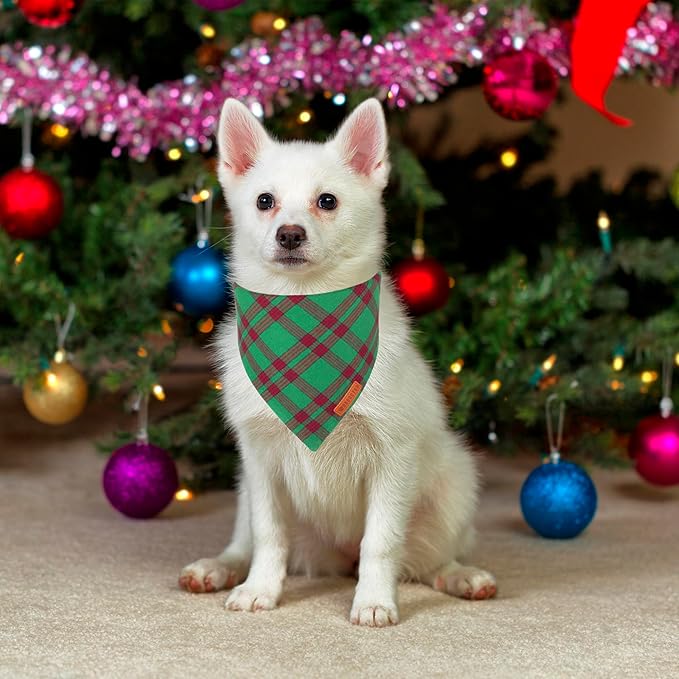 ADOGGYGO Christmas Dog Bandanas 2 Pack, Red Green Plaid Pet Xmas Scarf Bib, Multiple Sizes, Christmas Bandanas for Small Dogs (Small)