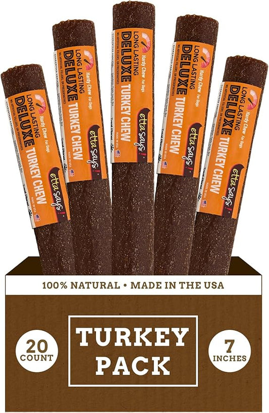 etta says! Deluxe Crunchy Dog Chews 7” Turkey - All Natural, Long-Lasting Chews - Made in The USA (20 Count Pack of 1)
