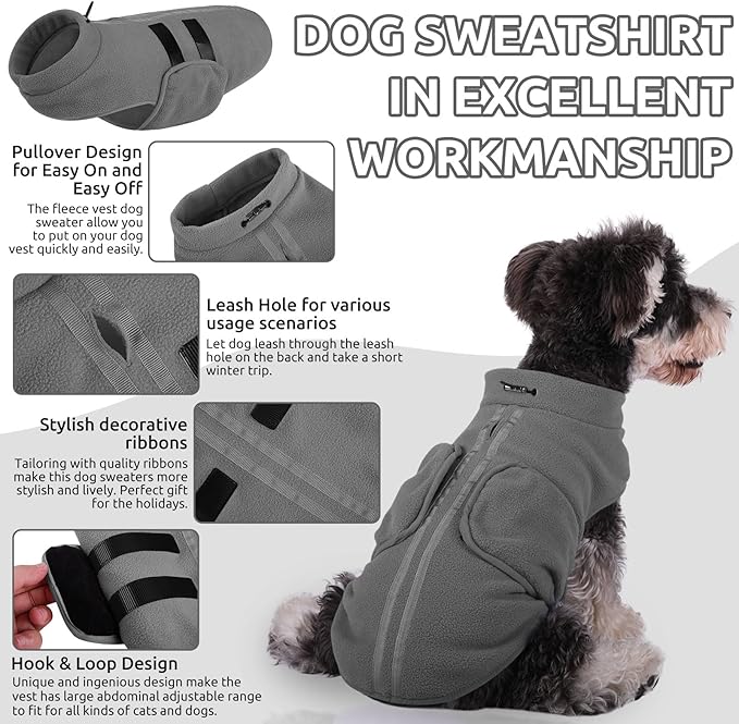 Queenmore XXL Dog Sweaters, Soft Fleece Vest Pullover Dog Jacket with Leash Hole, Warm Winter Dogs Clothes Cold Weather Doggy Dachshund Sweater for Large Dogs Cats Boy or Girl (Grey, XXL)
