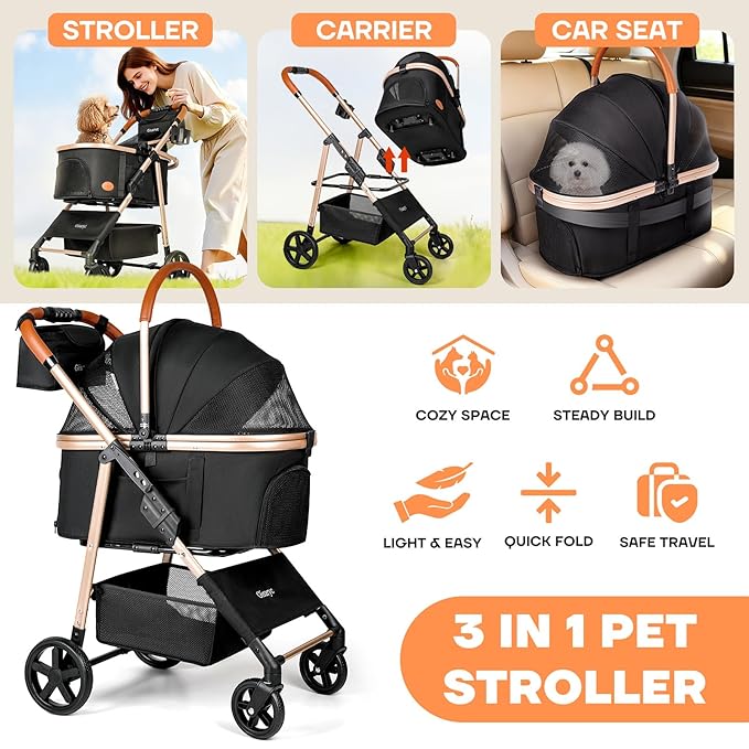 Dog Cat Stroller for Small/Medium Pets up to 50 lbs, 3-in-1 Foldable Pet Stroller with Detachable Carrier, Car Seat, Storage Basket, Cup Holder, Hanging Bag, Rain Cover, All-Terrain 4 Wheels (Black)