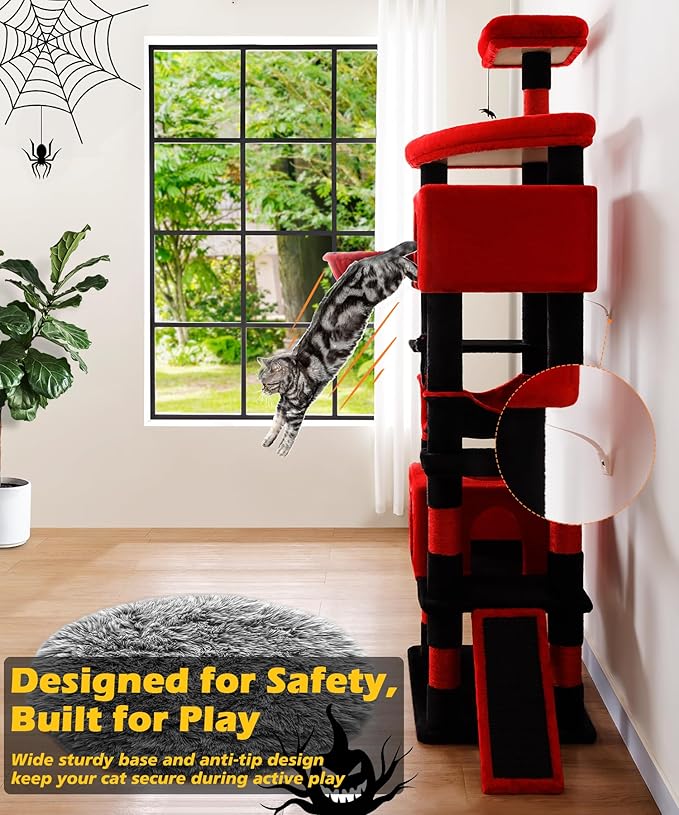 AMHANCIBLE Gothic Heavy Duty Cat Tree for Indoor Cats Large Adult 20 lbs+, 83 Inch Multi-Level Tall Cat Tower with Scratching Post and Board, Hammock, Condos, Hanging Basket, Black Red, PT21RD