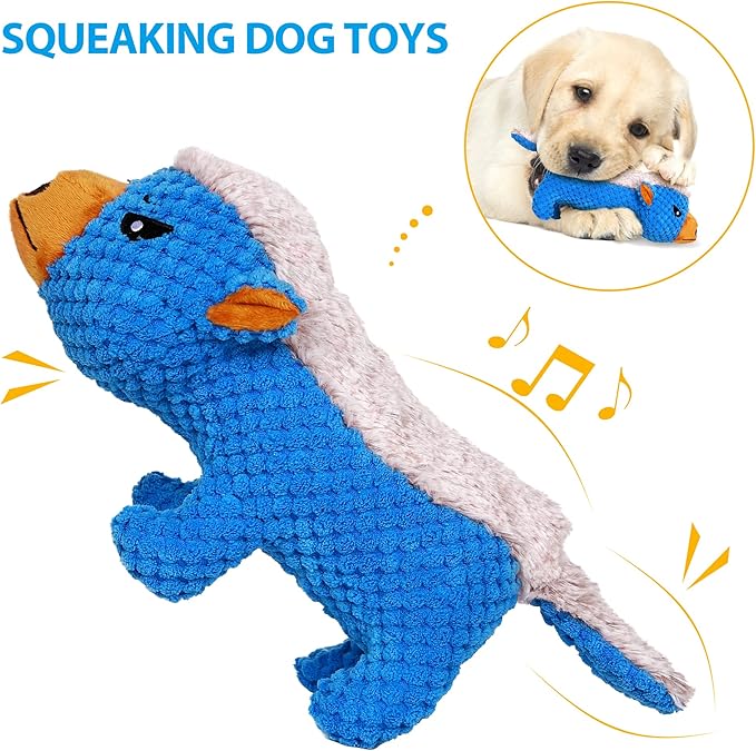 IOKHEIRA Dog Plush Toys for Aggressive Chewers, Indestructible Dog Squeaky Toys with Crinkle Paper, Durable Teething Chew Toys for Medium and Large Breed (Blue)
