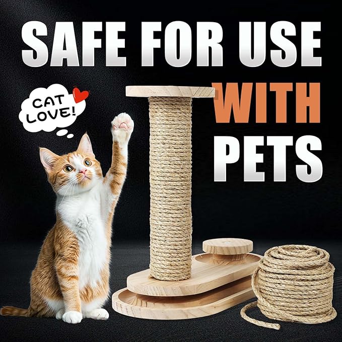 Twisted Sisal Rope 1/4" x 50ft - All Natural Chemical Free, Cat Tree Rope Twine for Scratching Post Repair, Replacement, and Crafts Gardening Home Decorating