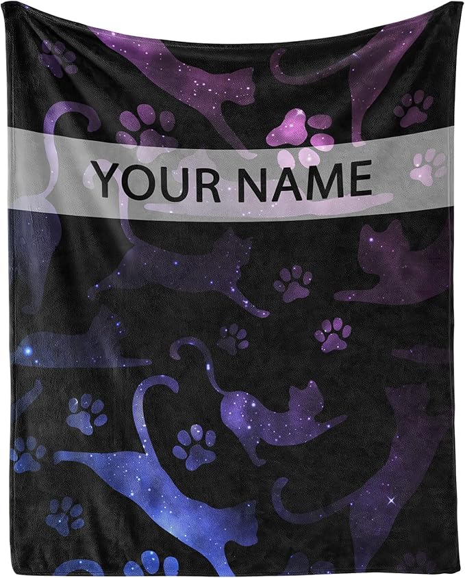 Personalized Cat Blanket Gifts with Name - 50"x60" Cute Throw Blanket for Adults Kids - Black Soft Plush Throws for Bed, Couch & Travel