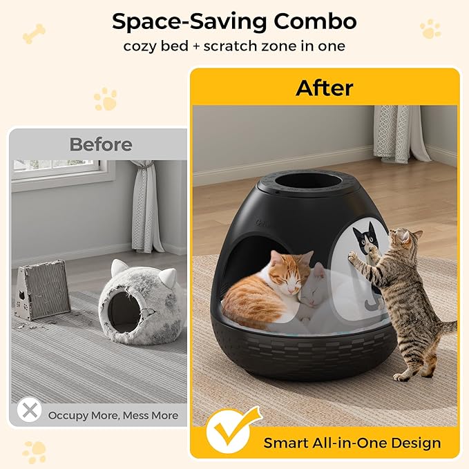 Copod8 Cat Bed Heated Pet Cave 4-in-1 Kitty Warming House Condo with Replaceable Scratching Board, Heating Pad and Air Purifier for Indoor Cats Rabbits Guinea Pigs Small Dogs (Black)