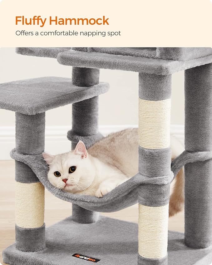 Feandrea Cat Tree, 44.1-Inch Cat Tower for Indoor Cats, Multi-Level Cat Condo with 4 Scratching Posts, 2 Perches, Hammock, Cave, Light Gray UPCT261W01