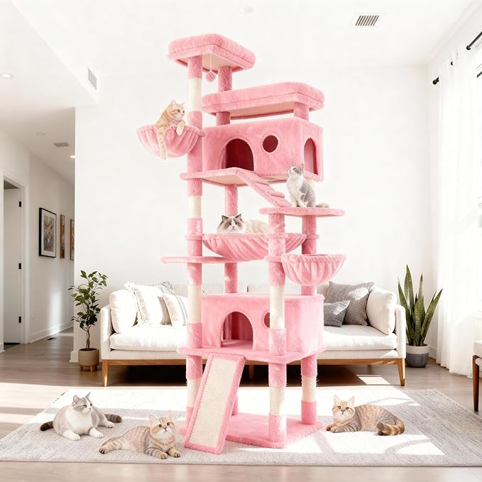 Cat Tree,80-Inch Large Cat Tower with 9 Scratching Posts, 2 Perches, 2 Caves, 2 Basket, 2 Stairs,Extra Large Hammock, Pompoms, Multi-Level Plush Cat Condo for Indoor Cats (Pink)