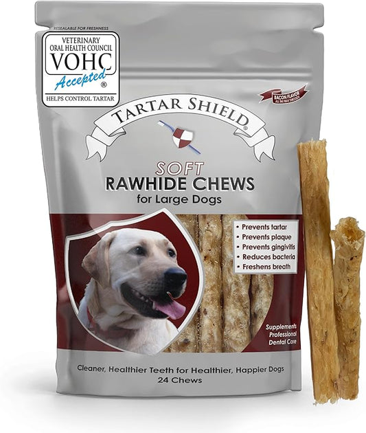 Tartar Shield Soft Rawhide Chews | Safe Dental Treats for Large Dogs | Vet VOHC Approved | Daily Bone Cleans Teeth & Gums Fresh Breath Oral Health Support | USA Made | (Large Dogs / 24 Count)