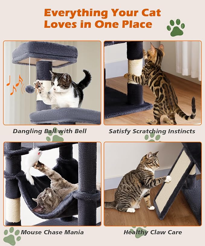 AMHANCIBLE Heavy Duty Cat Tree for Indoor Cats Large Adult 20 lbs+, 83 Inch Multi-Level Tall Cat Tower with Scratching Post and Board, Hammock, Condos, Hanging Basket, Dark Grey, PT21DG