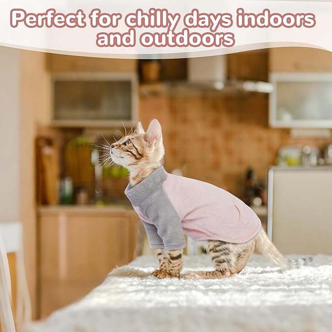 PUMYPOREITY Cozy Cat Sweater with Sleeves, Soft Coral Fleece Cat Clothes, Warm Winter Coat Thick Fleece for Hairless Cats, XL, Pink