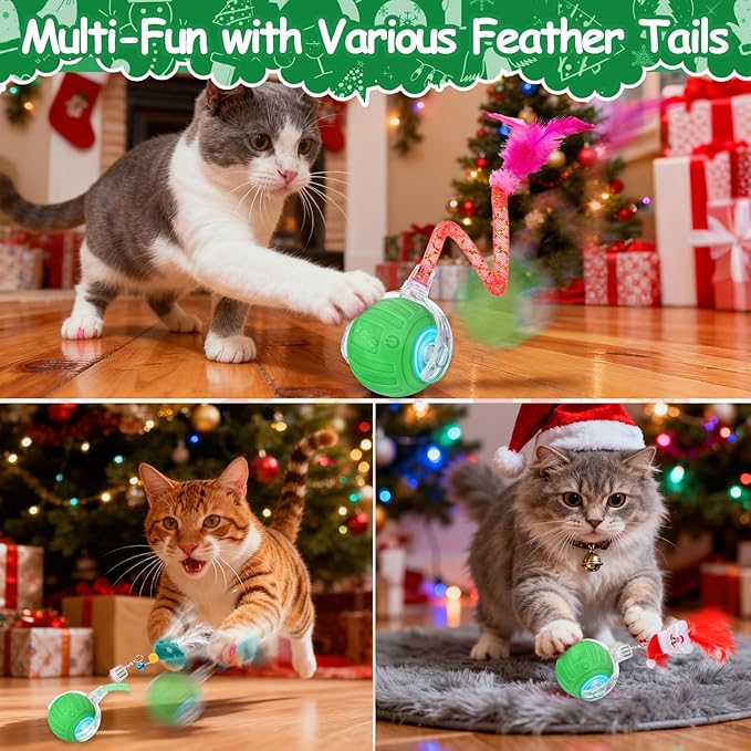 Interactive Cat Toy Ball - Christmas Cat Toys for Indoor Cats with Feather Tails for Chasing, Moving Stimulation Smart Cat Toy for Enrichment, Motion Activated Automatic Rolling Toys to Keep Them Busy