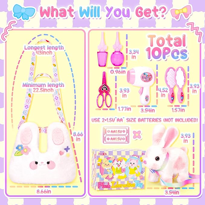 Easter Bunny Toys for Kids with Crossbody Bags, Easter Basket Stuffers Interactive Hopping Wiggle Ears Rabbit Toy, Pretend Play Robot Pet Care Cute Stuff for Girls Trip Plushies Birthday Gifts
