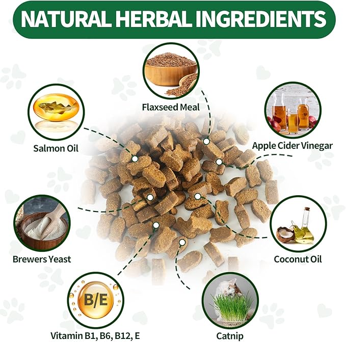 Flea and Tick Chews for Cats - 200 Soft Chews Natural Flea Tick Support for Cat All Breeds & Ages - Nourishes Skin & Coat Health - Energy Support - Chicken Flavor Soft Chew