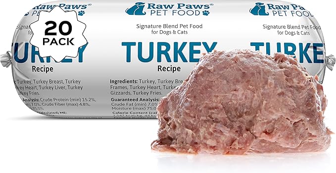 Raw Paws Signature Blend Pet Food for Dogs & Cats - Turkey Recipe, 1-lb Rolls (20 Pack) - Made in USA Frozen Turkey Roll Dog Food - Log Dog Food - Refrigerated Raw Frozen Food for Dogs