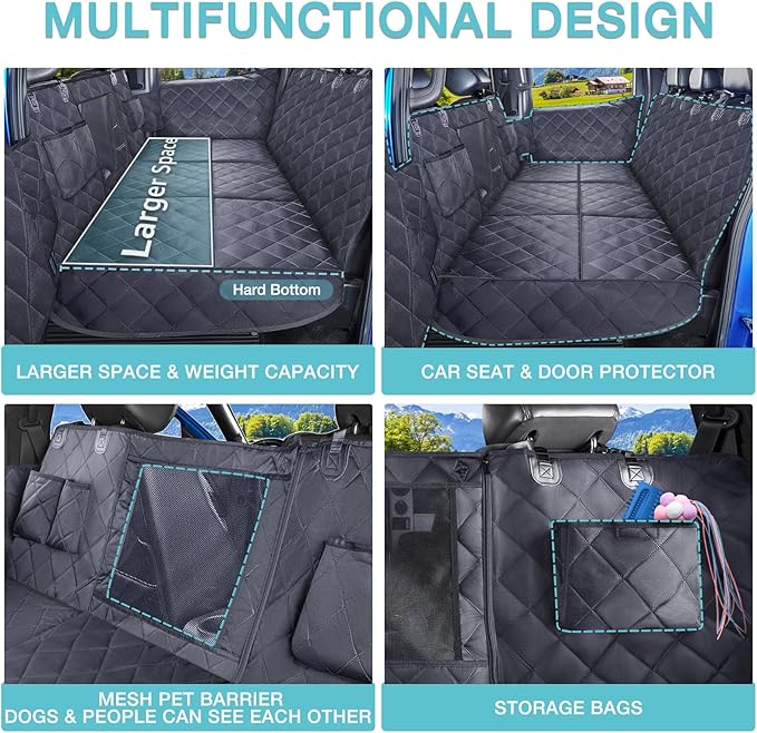 Truck Hard Bottom Car Seat Cover for Dogs | Mesh Window & 2 Safety Belts | 100% Waterproof Sturdy Back Seat Extender with Door Protectors |Non-Slip,Scratchproof Pet Car Rear Seat Protector Fit Pickup