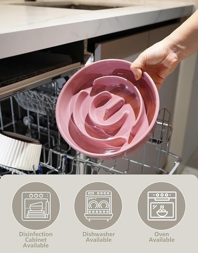 Ceramic Slow Feeder Dog Bowls Elevated, 2.0 Cups Slow Feeder for Medium and Large Dogs, Puzzle Maze Bowl to Slow Down Eating, 30oz, 8in, Pink