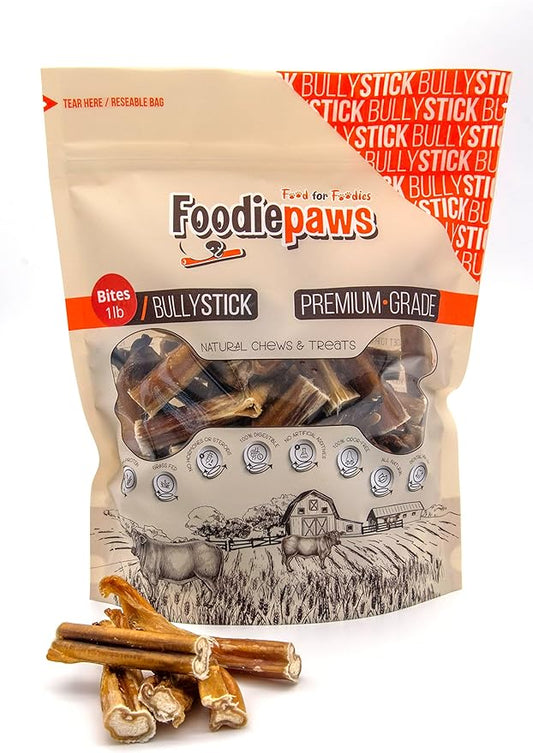 FOODIEPAWS Bully Stick Bites for Dogs, 1 lb Bulk Pack (2-3 Inch) | Training Treats | All Natural, Grass-Fed Beef Pizzle | Grain-Free, Rawhide-Free & Fully Digestible | High Protein Dental Chews