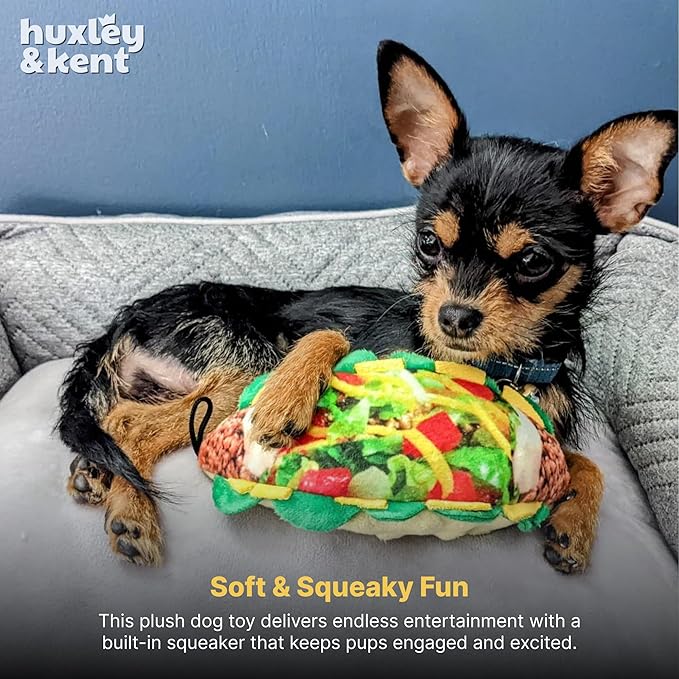 Huxley & Kent Funny Dog Toy w/Squeaker – Power Plush Squeaky Dog Toys for Small, Medium & Large Dogs – Soft Stuffed Animal for Indoor Play & Fetch - Taco Tuesday, Small