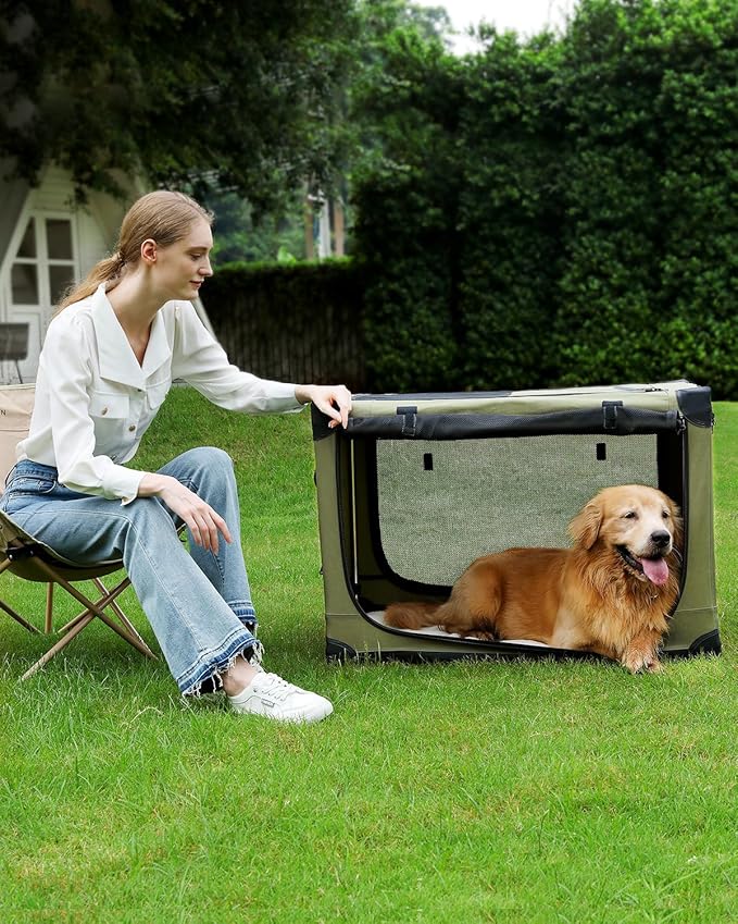 30 Inch Collapsible Travel Dog Crate for Medium Large Dogs, Portable Dog Crate 4-Door Foldable Soft Kennel with Durable Mesh Windows for Indoor & Outdoor Travel, with Storage Bag,Green