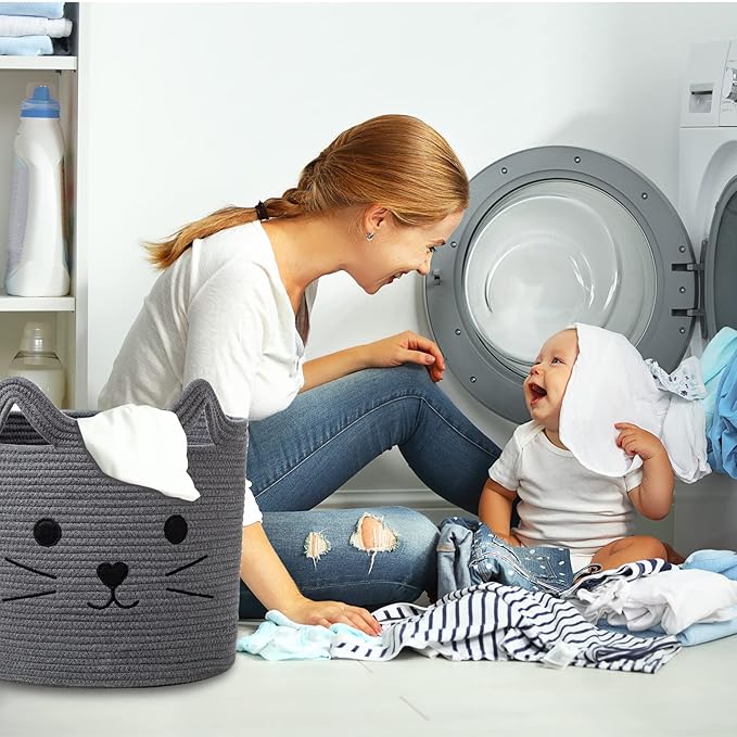 VK VK·LIVING Large Basket for Organizing Cute Animal Storage Baskets Cat Toy Storage Woven Cotton Rope Hamper Organizer for Laundry, Towels, Blanket, Toys, Clothes, Gifts, Pet Bed 15''x14''