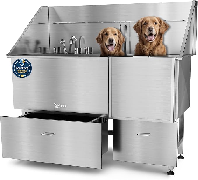KANIS Professional Dog Washing Station - 304 Stainless Steel Pet Wash Sink & Grooming Bathtub w/Shower, Floor Grates and Storage for Large, Medium & Small Pets (61", 2 Drawers - Right Ramp)