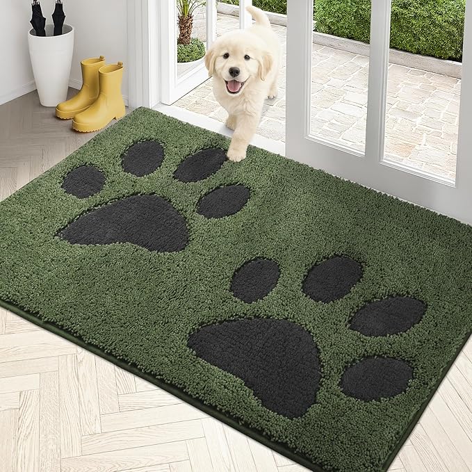 PURRUGS Dirt Trapping Door Mat 33.5" x 59", Non-Skid/Slip Machine Washable Microfiber Entryway Rug, Dog Doormat, Super Absorbent Welcome Mat for Muddy Wet Shoes and Paws, Green