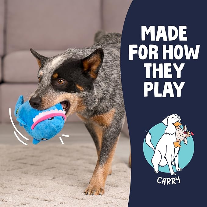 goDog Action Plush Shark Animated Squeaky Dog Toy with Chew Guard Technology, Durable Fabric and Wiggling Tail & Squeaker for Active Play, Blue, One Size
