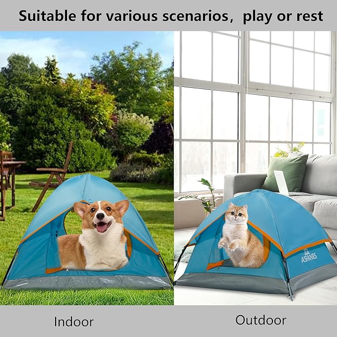 Outdoor Waterproof Pet Camping Tent, Cave Bed for Indoor Cats and Small Dogs, Portable Cat House Dog House, 21.6x21.6x14.9'', Blue, S.