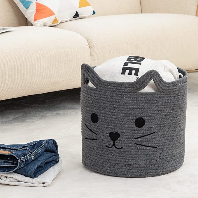VK VK·LIVING Large Basket for Organizing Cute Animal Storage Baskets Cat Toy Storage Woven Cotton Rope Hamper Organizer for Laundry, Towels, Blanket, Toys, Clothes, Gifts, Pet Bed 15''x14''