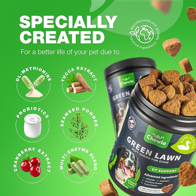 Grass Burn Spot Chews for Dogs - Urine Neutralizer for Lawn - Pee Lawn Spot Saver Caused by Urine - Probiotics, Enzymes & Multivitamins - Grass Saver Soft Treats for Canine Digestive and UTI Support