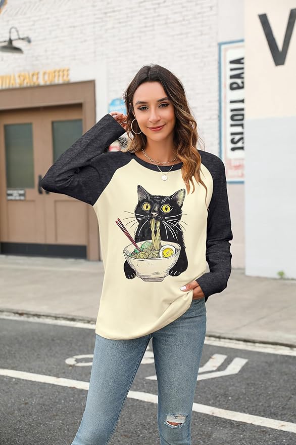 JINTING Cat Shirts for Women - Loose Fit Lightweight Long Sleeve Graphic Tee Fall Printed Crewneck Blouse Casual Tops