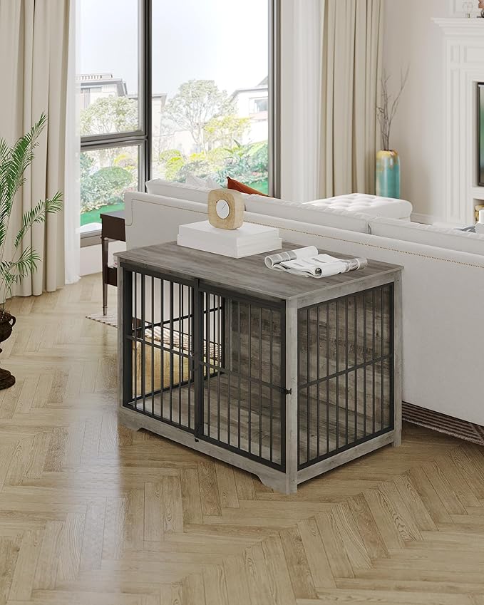 XL Large Dog Crate Furniture, 44.1" Indoor Dog Kennel Furniture with Barn Door, Wooden Tall Dog Crate, Heavy Duty Dog Cage for Large Dogs, Side End Table, Anti-Chew, Greige Black DFC80105B