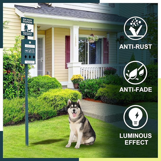 Dog Waste Station with Bags Galvanized Steel Outdoor Pet Bin Dispenser Reflective Sign Rust Proof System for Backyard Commercial Park(1 Pack)