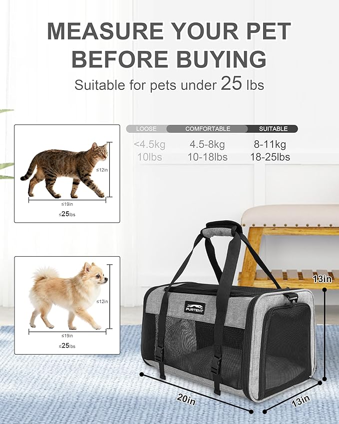 Soft-Sided Large Cat Carrier for 2 Cats, Spacious Foldable Pet Travel Carrier for Large Cats up to 25 Lbs, Double Cat Bag with Shoulder Strap, 20x13x13 Inch, Fits Maine Coon and Small Dogs, Grey