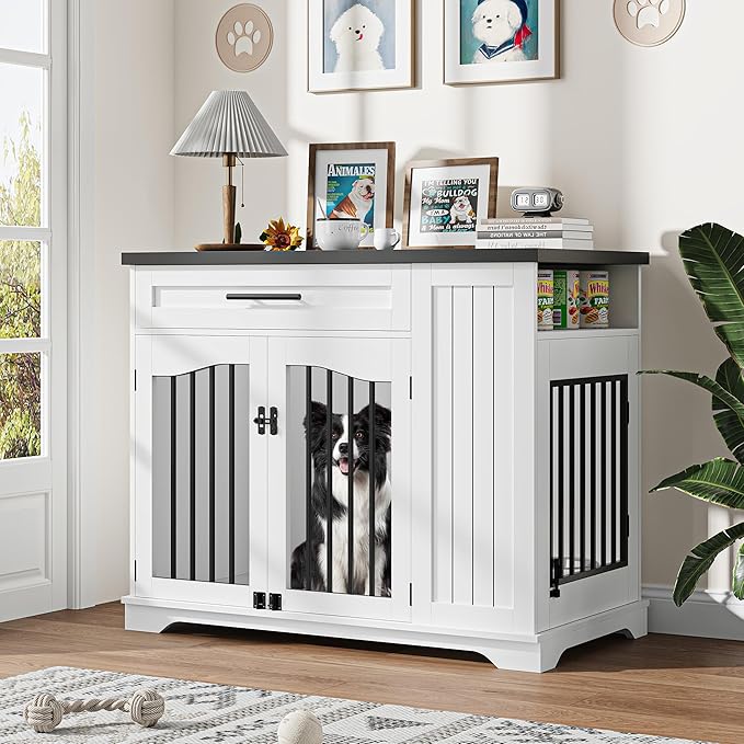 Furniture Style Dog Crate for Large Dogs, 44 Inch Heavy Duty Wooden Dog Kennel Furniture with Drawer & Side Storage and Bulit-in Feeding Station,White