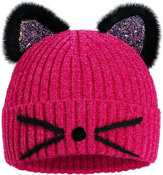 Kids Girls Cat Ear Hat Winter Warm Knit Beanie Cute Ski Skull Cap for Ages 7-12