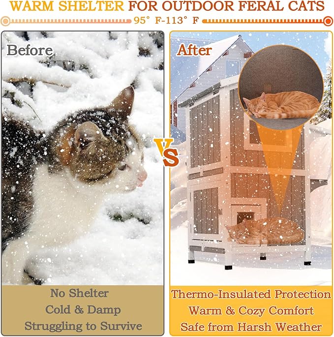 PetsCosset Insulated Cat House Outdoor Weatherproof All-Round Insulation Two Story Outside Wooden Feral Cat Shelter for Winter with 2 Escape Doors, Pull Out Floor and Openable Roof for Cats, Grey