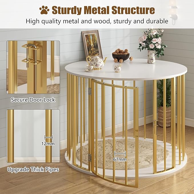 32 Inch Dog Crate Furniture for Large Medium Dogs, Wooden Dog Kennel Indoor Decorative Pet House Side End Table, Round Dog Cage, White and Gold